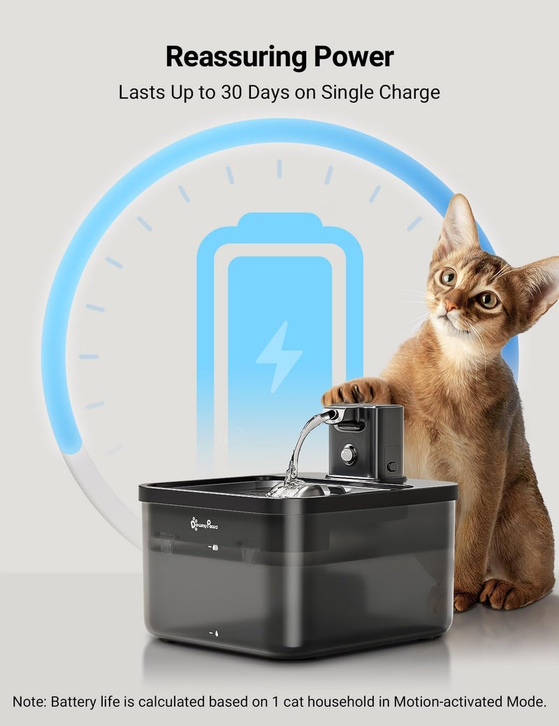 DownyPaws نافورة مياه للقطط من الفولاذ المقاوم للصدأ بدون سلك، 84 أونصة/2.5 لتر، نافورات مياه لاسلكية للحيوانات الأليفة للقطط داخل المنزل، نافورة شرب تعمل بالبطارية، مضخة فائقة الهدوء، خالية من BPA، سوداء - Image 4